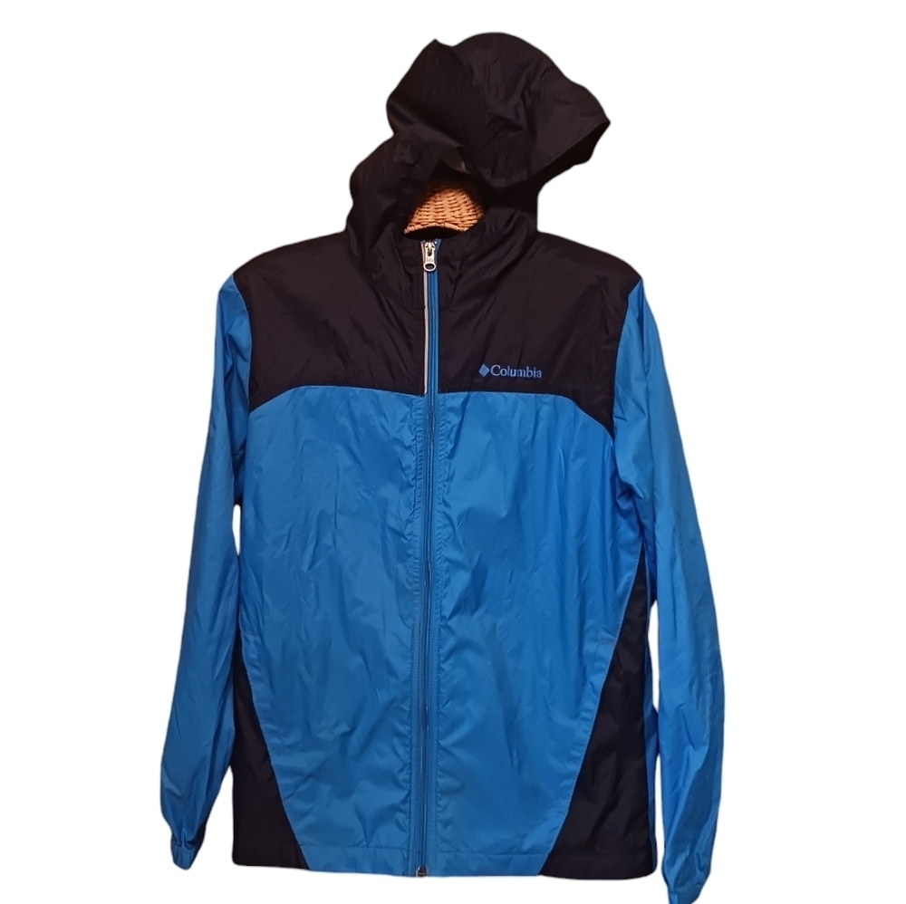 Columbia Nylon Blue & Black Full Zip Hooded Rain & Weather Coat KiDS LARGE